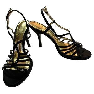 The Touch of Nina Black Satin Luster Strap Rhinestone 4” Heels Size 8.5